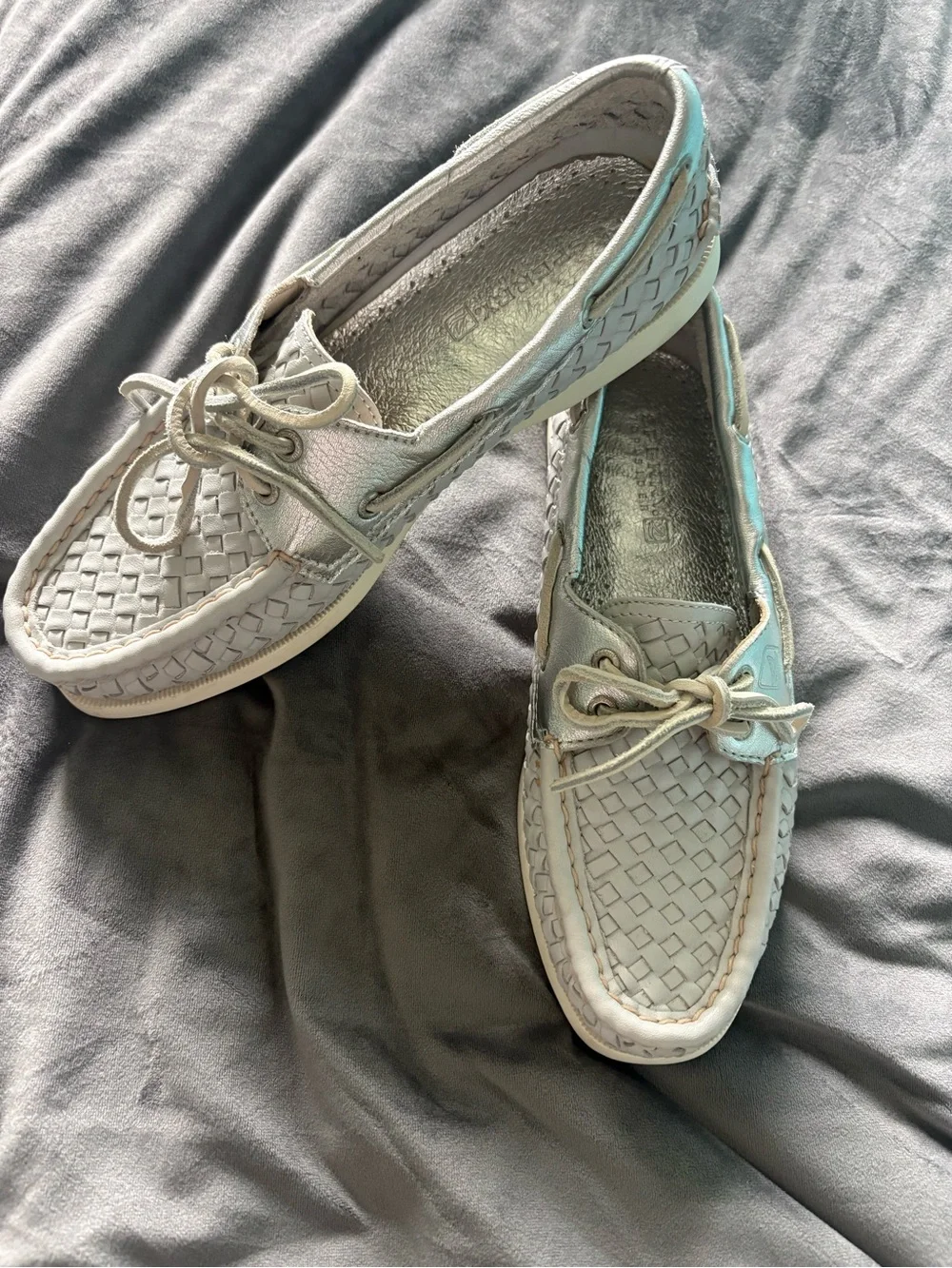 Sperry Silver & Grey Woven Leather Boat Shoes - Picture 1 of 8